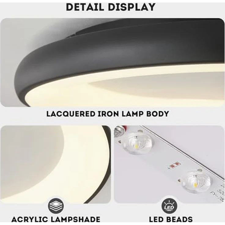 Style home LED Deckenleuchte Deckenlampe 52W Ø50x5cm, dimmbar mit Fernbedienung 3000K-6000K, Runde Lampe für Wohnzimmer Schlafzimmer Arbeitszimmer Büro Küche (Schwarz) – Bild 4