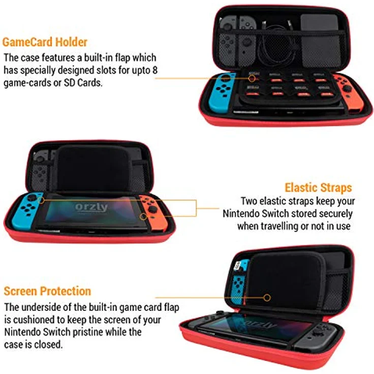 Orzly Tragetasche für Nintendo Switch und New Switch OLED, harte Reisetasche mit Zubehörfächern, rot – Bild 2