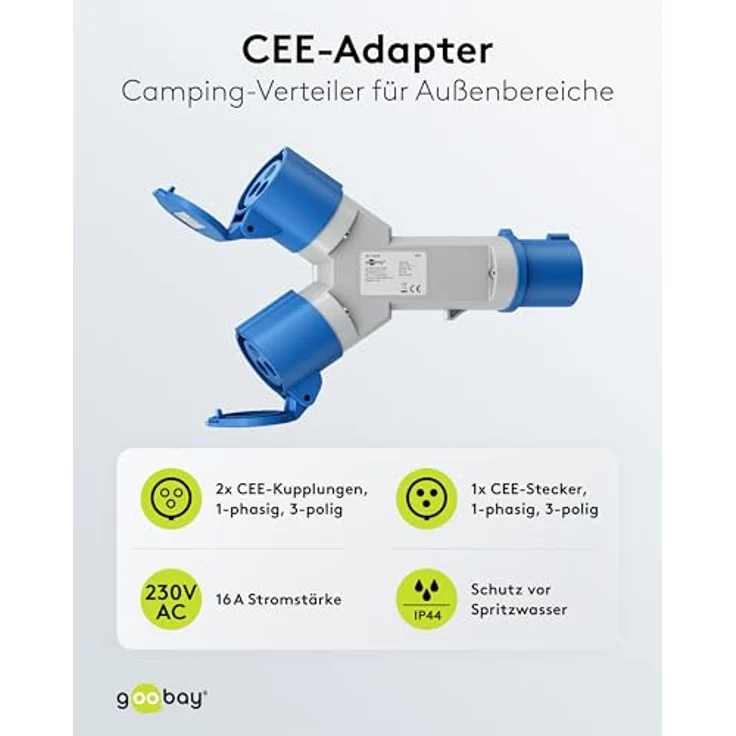 goobay CEE-Adapter 76236, CEE-Stecker auf 2 x CEE-Buchse, tragbar, wasserdicht IP44, mit Schutzabdeckung, für Wohnmobile und Wohnwagen – Bild 2