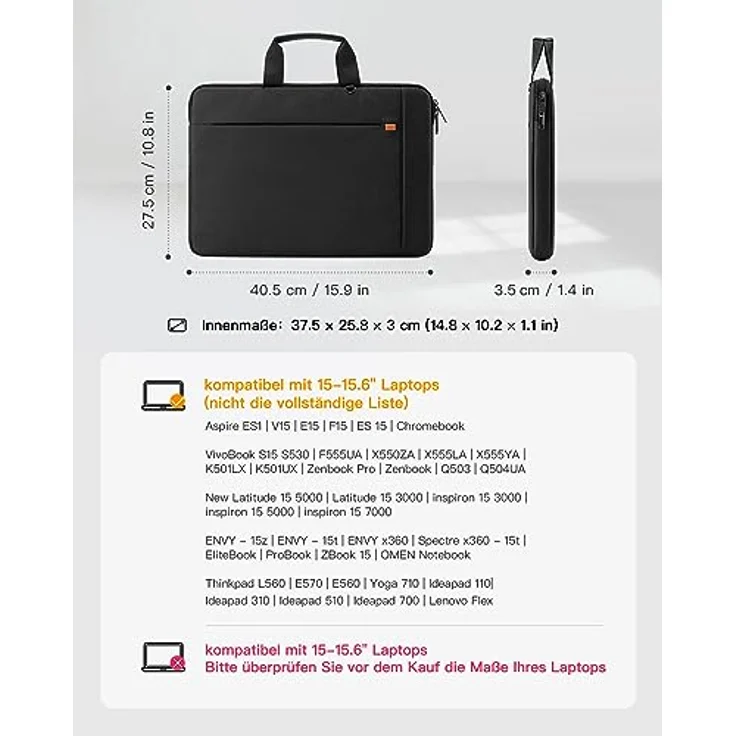 Inateck 15-15.6 Zoll Laptoptasche 15 Zoll Hülle Tasche Notebook Sleeve Schutzhülle Case spritzwassergeschützte Schutztasche Aktentasche mit Zubehörtasche, Schwarz – Bild 2
