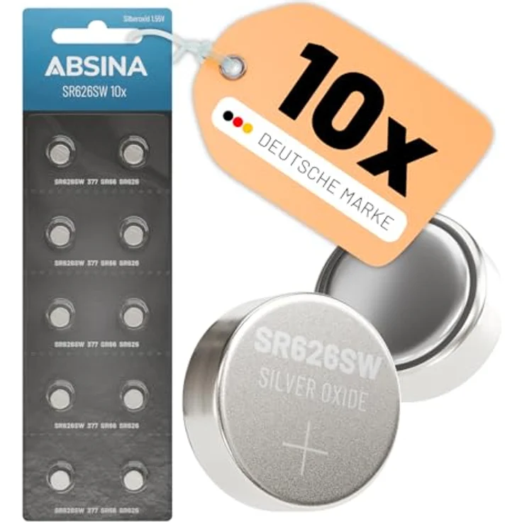 ABSINA SR626SW Uhrenbatterie 1,55V Silberoxid 10er Pack - Knopfzellen SR626SW auslaufsicher & Lange Haltbarkeit - Batterie SR626SW, Uhrenbatterien SR626SW Knopfzelle – Bild 1