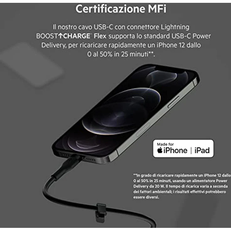 Belkin BOOST CHARGE Flex USB-C auf Lightning Kabel, 3m, 15W, schwarze Silikonschicht, knick- und verhedderungsfrei – Bild 2