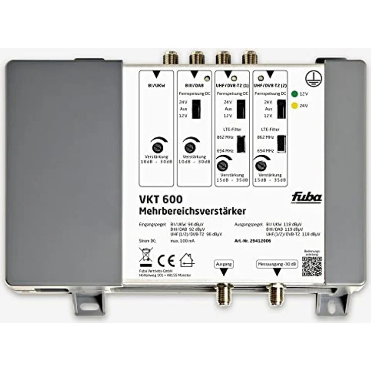 Fuba VKT 600 Mehrbereichsverstärker 10 bis 35 dB - Verstärker für UKW-, DAB+, und zwei DVB-T2-Antennen - separat regelbare Verstärkung - LTE-Filter - Schwarz – Bild 2