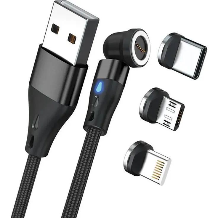 RealPower REALP-439643 Magnetisches USB-C-Kabel 3 Amp, 2m, schwarz mit Adaptern und Datenübertragungsfunktion
