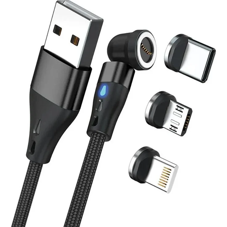 RealPower REALP-439643 Magnetisches USB-C-Kabel 3 Amp, 2m, schwarz mit Adaptern und Datenübertragungsfunktion