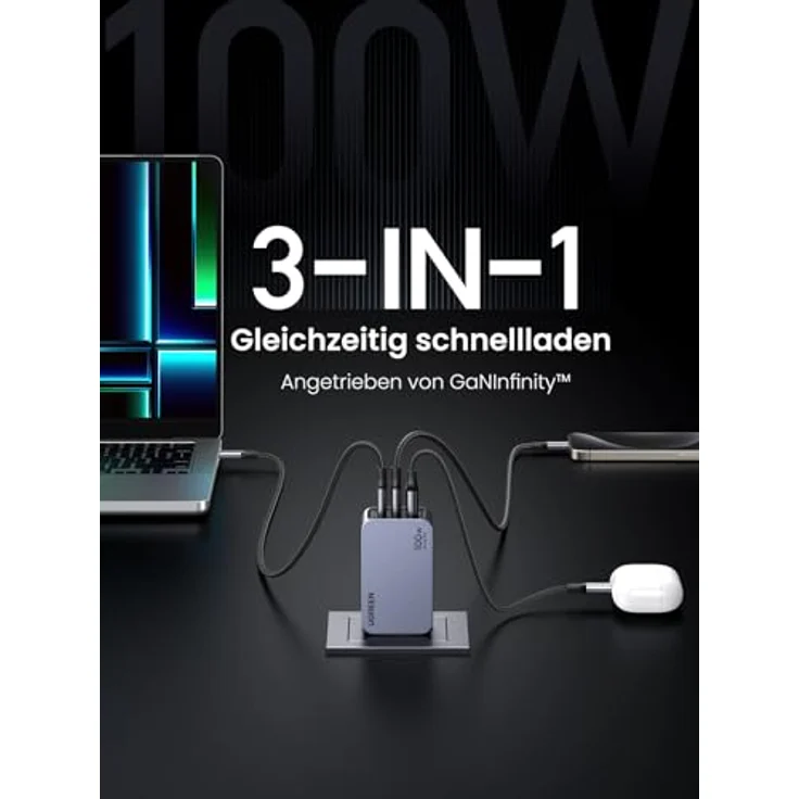 UGREEN USB C Ladegerät, Nexode Pro 100W GaN Charger Mini USB C Netzteil 3-Port Schnellladegerät PPS 45W kompatibel mit MacBook Pro/Air, iPad, iPhone 15 Pro Max, Galaxy S23 Ultra, Dell XPS – Bild 4