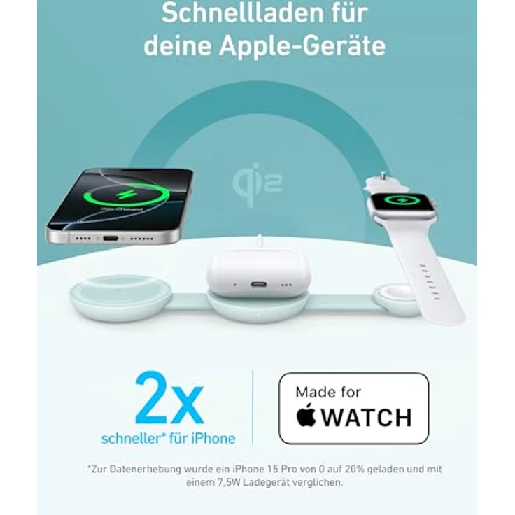 Anker MagGo 3-in-1 Kabellose Ladestation (mit EU/US/UK Stecker), MagSafe-Kompatibles Qi2-Zertifiziertes 15W Ladegerät, Faltbares Reise-Ladepad für iPhone 16/15, AirPods, Apple Watch - Weiß – Bild 3