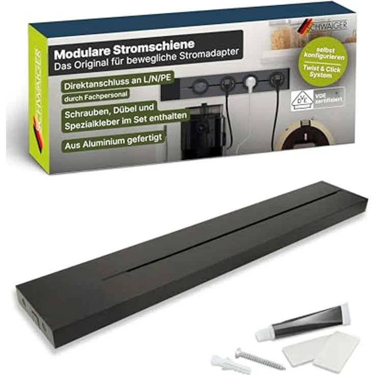 SCHWAIGER Konfigurierbare Steckdosenleiste 50 cm, modulare Stromschiene in Schwarz mit Aluminium-Design, individuell einstellbar, VDE geprüft für Küche, Büro & Werkstatt – Bild 1