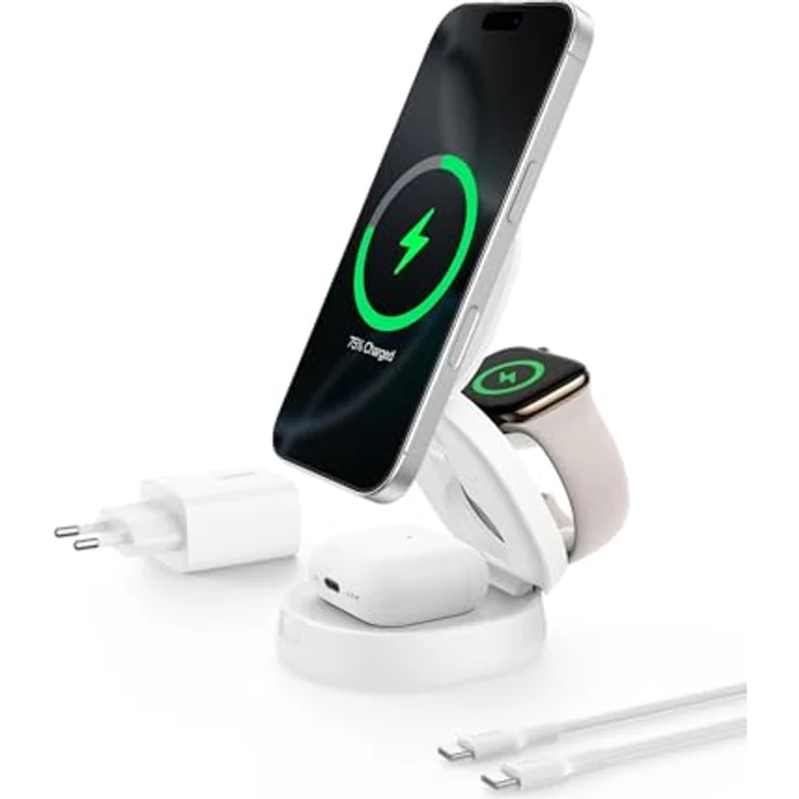 Belkin BoostCharge MagSafe Ladegerät, verstellbare 3-in-1 Ladestation mit Qi2-Zertifizierung, 15-W Schnellladung für iPhone 16, Apple Watch und AirPods, Weiß, inkl. 36-W-Netzteil – Bild 1