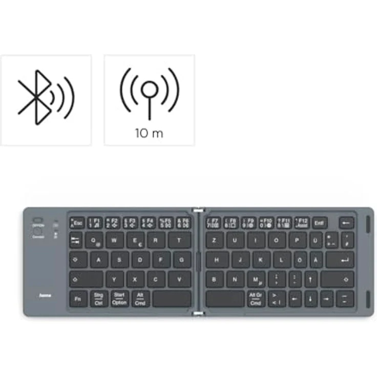 Hama Faltbare Tastatur Bluetooth (Ultraslim Wireless Keyboard klappbar, leise Mini-Tastatur kabellos für Tablet/iPad/Handy/iPhone, Reise-Tastatur für unterwegs, Akku, 10 m Reichweite, QWERTZ) schwarz – Bild 4