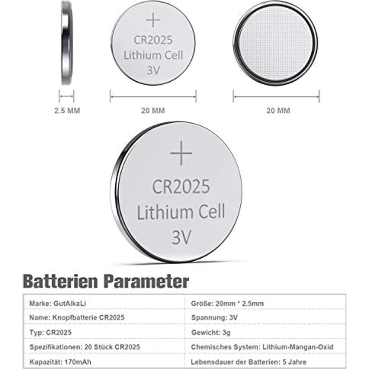 GutAlkaLi CR2025 3V Lithium Knopfzellen, 20 Stück Batterien mit 150 mAh Kapazität, kompakt und langlebig – Bild 2