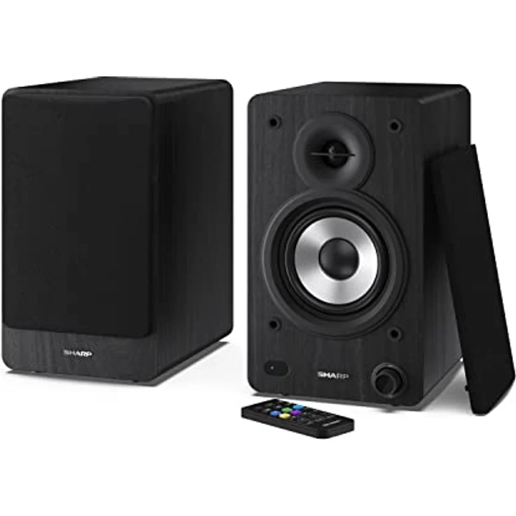 SHARP CP-SS30 2-Wege-Lautsprecher aktiv, 60 Watt (2x30 W) Holzgehäuse (Bluetooth 5.0, USB, Optisch, AUX, Cinch), Bass- und Höheneinstellung, abnehmbare Gitter, Fernbedienung, schwarz – Bild 1