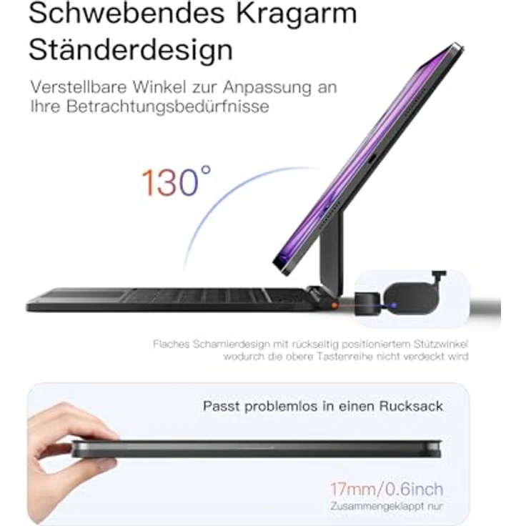 Inateck NeoMagic Magnetische Tastatur Hülle für iPad Air 13 Zoll und iPad Pro 12.9 Zoll, Großes Trackpad, 7-farbige Hintergrundbeleuchtung, QWERTZ, mit Stifthalter, KB903 – Bild 3