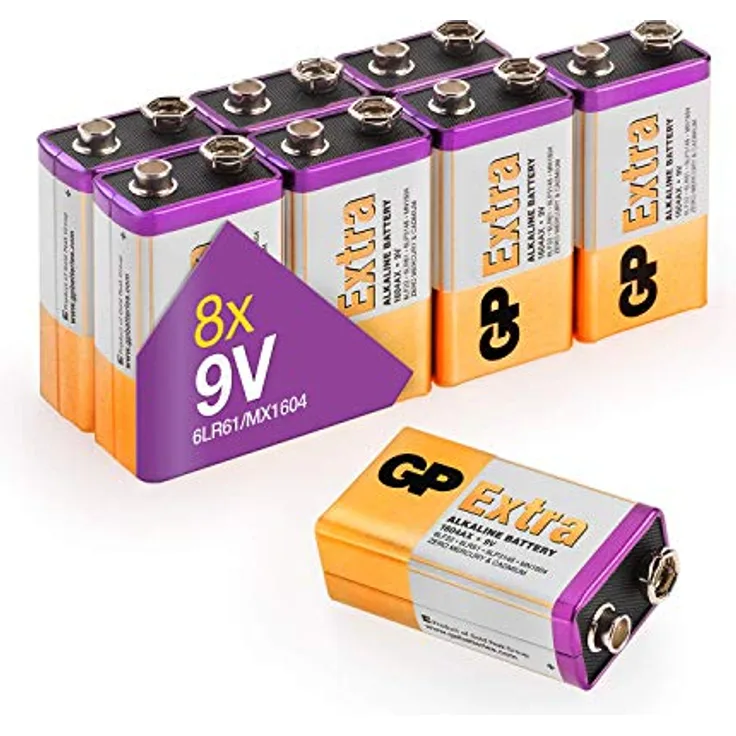 GP Batteries - Pack de 8 Pilas 9V alcalinas (MN1604 / 6LR61) - Duración y Rendimiento excepcional - 9 Voltios / PP3 / 6LR61 / MN1604