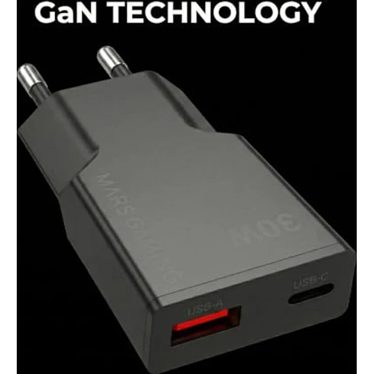 Mars Gaming MD-GAN30, USB-Ladegerät 30W mit PD 3.0 und QC 3.0, GaN-Technologie, ultrakompakt, 9 Sicherheitsfunktionen, USB-C und USB-A, Schwarz – Bild 3