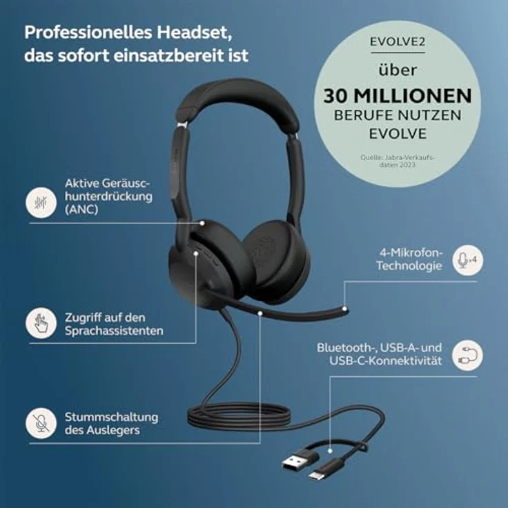 Jabra Evolve2 50, schnurgebundenes Stereo Headset mit USB-A/USB-C, aktive Geräuschunterdrückung und Busylight, zertifiziert für Microsoft Teams – Bild 2