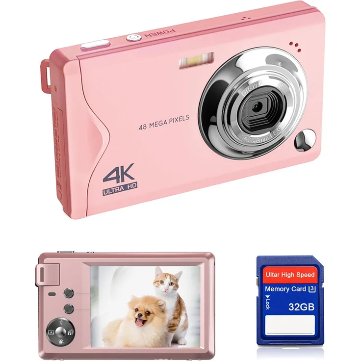 Fine Life Pro 48MP Kompaktkamera mit 1080P FHD, 3,0" TFT-Farb-LCD-Display, 16-fachem Digitalzoom und 32GB SD-Karte, rosa
