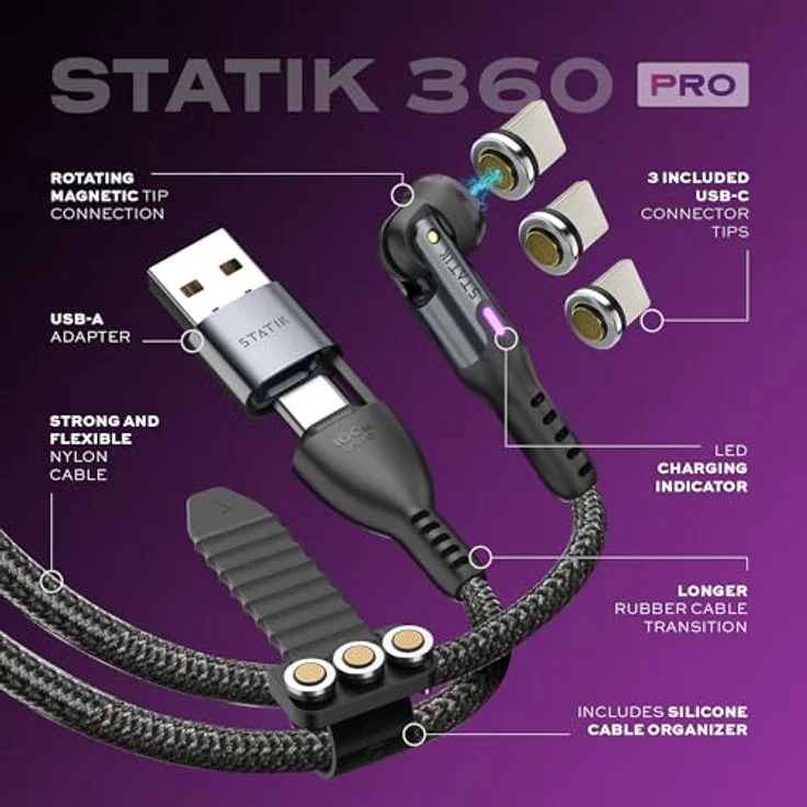 Statik 360 Pro Magnetisches Handy-Ladekabel, 3-in-1 Ladekabel, 100-W BlitzCharge, magnetisches USB-C, Schwarz, 2m – Bild 2