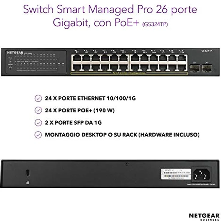 NETGEAR GS324TP 24-Port Gigabit Ethernet LAN PoE Switch Smart Managed Pro (24x PoE+ 190W & 2x 1G-SFP, Webmanaged Switch für Desktop--Rack-Montage, VLAN, IGMP, QoS, mit ProSAFE Lifetime-) – Bild 2