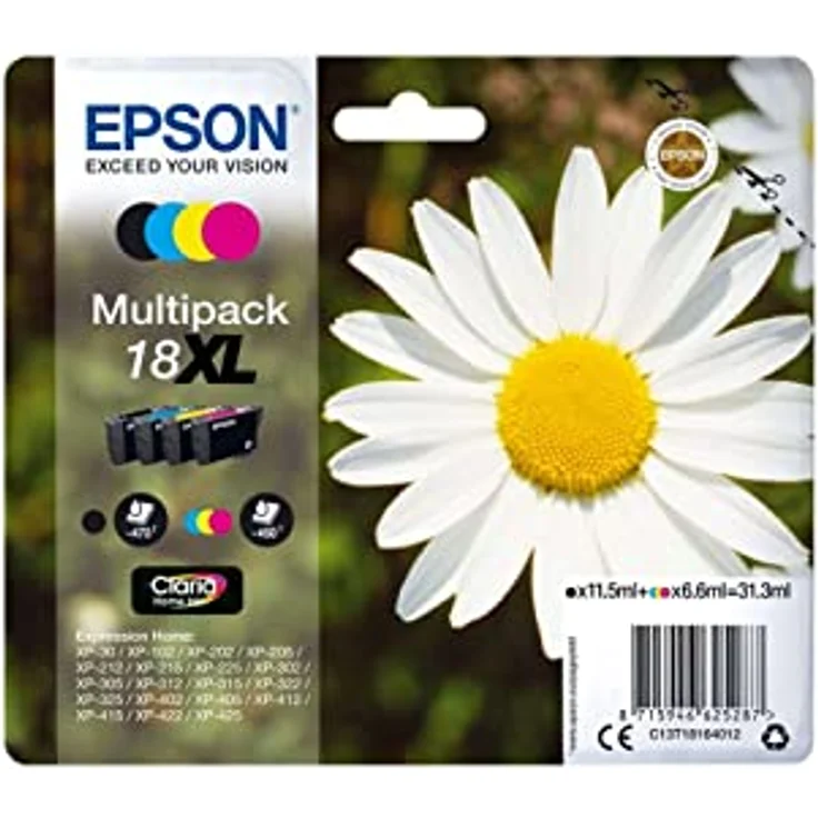 Epson Orginal 18XL Tinte Gänseblümchen, XP-305 XP-402 XP-215 XP-312 XP-315 XP-412 XP-415 XP-225 XP-322 XP-325 XP-422 XP-425, Normalverpackung, XL, (Multipack, 4-farbig) – Bild 4