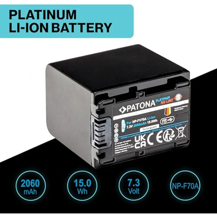 PATONA Platinum NP-FV70A NP-FV70 Akku 2060mAh mit USB-C Anschluss, kompatibel mit Sony NP-FV30/40/50A/70/90/100, hohe Zyklenfestigkeit – Bild 2