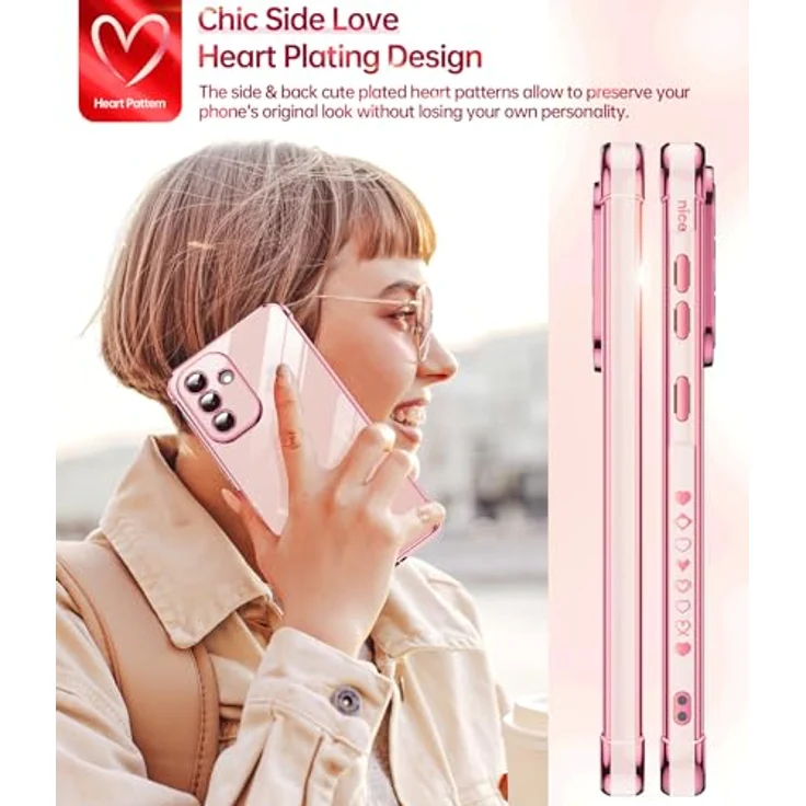 LeYi Handyhülle für Samsung Galaxy A56 5G, TPU Silikon Galvanik mit Herz Muster, Stoßfest, Kratzfest, inkl. 2 Schutzfolien, Rosa – Bild 5