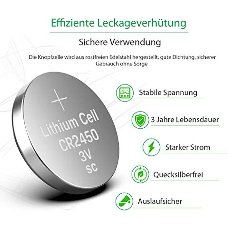LiCB CR2450 3V Lithium Knopfzellen, 10 Stück, hohe Zellenspannung, lange Lagerfähigkeit, 100% frisch – Bild 5