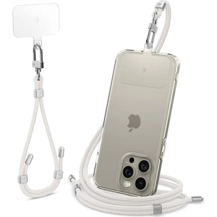 Spigen Universal Handykette zum Umhängen und Handschlaufen Set mit ConTag Smartphones Kette Kompatibel mit iPhone 16/15 Pro Max, Samsung Galaxy S24/S23, Xiaomi, Pixel Lanyard Strap - Perl White – Bild 1