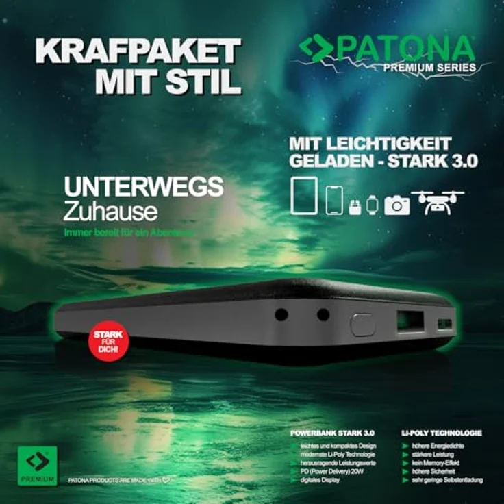 Patona Premium Powerbank Stark 3.0 PD20W 10.000mAh - Leistungsstarkes, Kompaktes Ladegerät für Smartphones, Kameras, Kopfhörer und mehr, in modernem Design – Bild 3