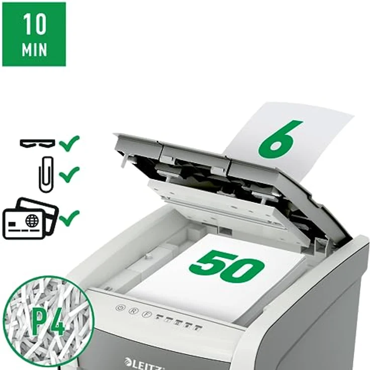 Leitz IQ Autofeed Small Office Partikelschnitt Aktenvernichter P4, Automatisch, 50 Blatt, 20 Liter Abfallbehälter, Weiß, 80350000 – Bild 3