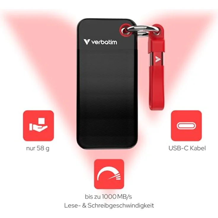 Verbatim Pocket SSD, 256GB externe SSD mit USB 3.2 Gen 2, Schwarz / Rot – Bild 4