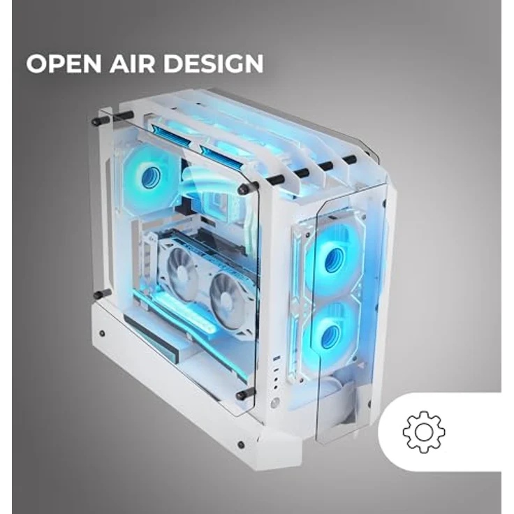 Mars Gaming MC-Edge ATX Gaming Gehäuse, Open Air Design mit dreifach gehärtetem Glas, USB-C und USB 3.0, Weiß – Bild 2