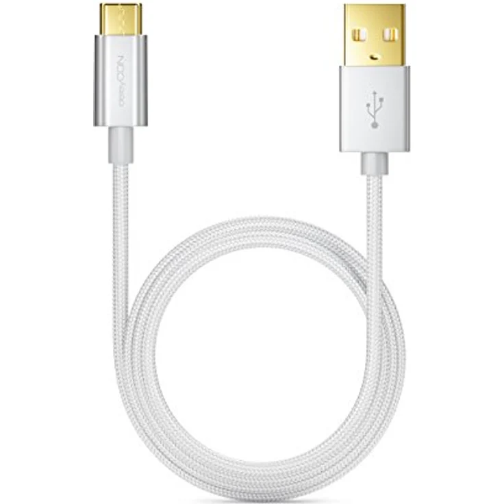 deleyCON 2m USB-C auf USB-A Kabel mit Schnellladefunktion, robustes Nylonkabel in Silber für Notebook, Smartphone und Tablet – Bild 3
