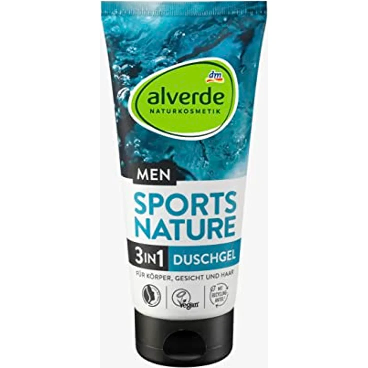alverde MEN Duschgel 3 in 1 Sports Nature, 200 ml, erfrischende Pflege für Körper, Haar und Gesicht – Bild 1
