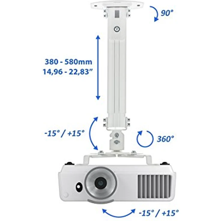 deleyCON Universal Beamerhalterung Deckenhalterung +-15° Neigbar - 360° Drehbar - bis 13,5Kg - Höhenverstellbar 380mm-580mm - Kabelführung - Weiß – Bild 5