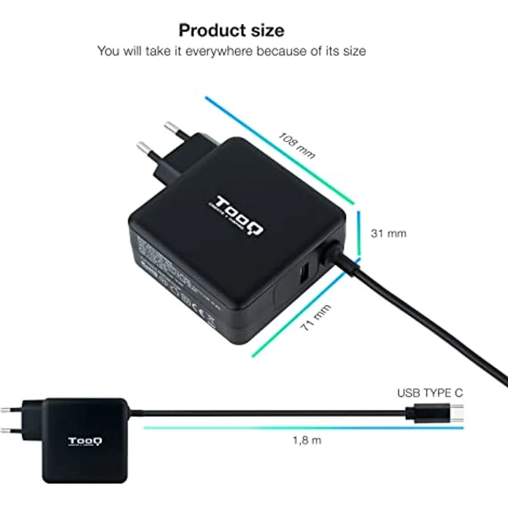 Tooq Technology CARGADOR PORTATIL USB-C PD3.0 65W, kompaktes USB Ladegerät für Laptops, schwarz, 1,8 m Kabellänge – Bild 3