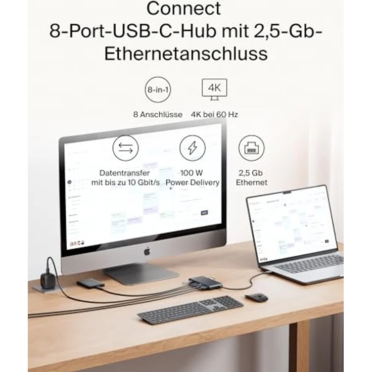 Belkin Connect 8-in-1 USB C Hub, 4K bei 60 Hz, geeignet für Mac-, Windows- und Chromebook-Laptops, 100 W PD, 10 Gbit/s Datentransfer, 2,5-Gbit/s Ethernet, schwarz – Bild 2