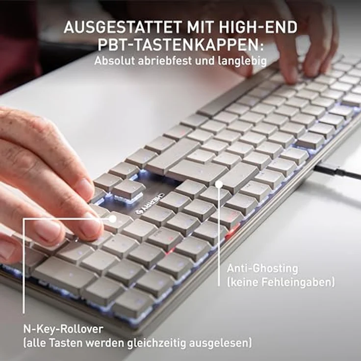CHERRY KC 500 MX LP, Mechanische Low-Profile-Tastatur, Deutsches Layout (QWERTZ), Kabelgebunden (USB-A), Weiße Beleuchtung, MX LP 2.0 Ivory Switches, Grau – Bild 5