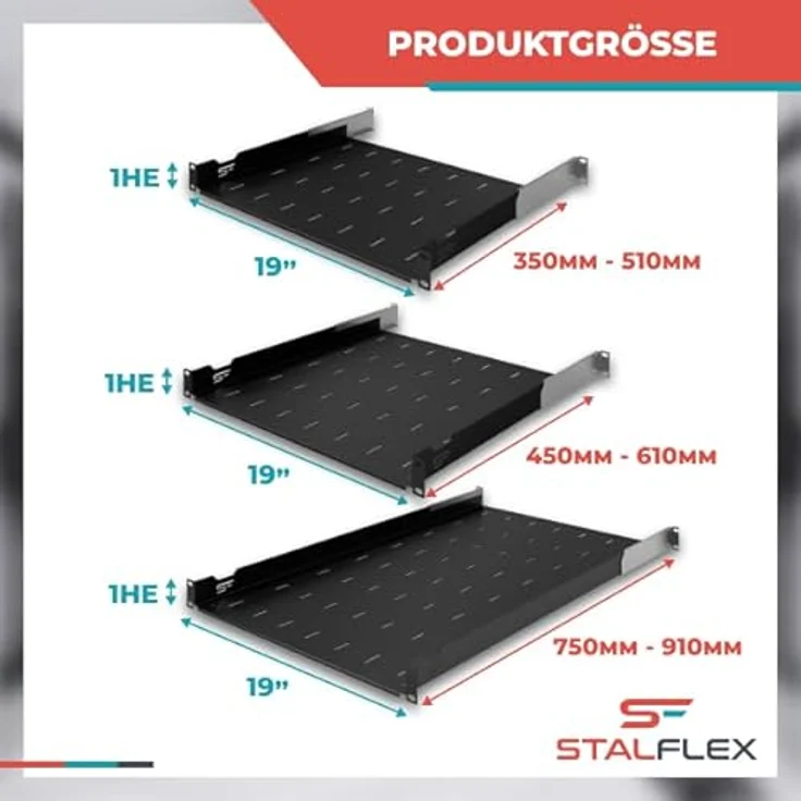 Stalflex 19 Zoll Server Netzwerkschrank 1U 350mm, Hochbelastbarer Stahl, Belüftetes Rackmontage Kragarmtablett, Universell Einstellbar, 19 Zoll Fachboden – Bild 2