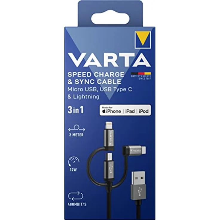 VARTA 3in1 Kabel USB A auf Micro USB, USB Type C, Lightning, Speed Charge & Sync, MFi, Ladekabel für Strom- und Datenübertragung, 2m, schwarz, Nylon – Bild 2