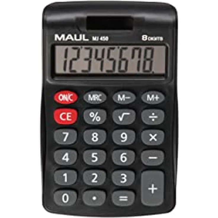 Maul Taschenrechner MJ 450 | großes Display mit 8 Stellen | Standardfunktionen für Büro, Zuhause, Schule | Solarrechner mit Batterienutzung bei Dunkelheit | Funktionstasten farbig | Schwarz