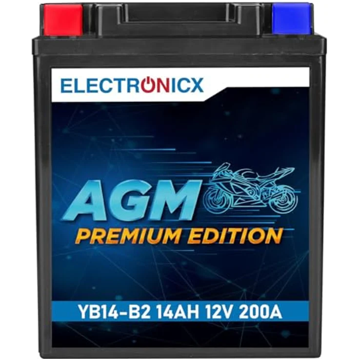 Electronicx YB14-B2 AGM Motorradbatterie, 14Ah 12V, wartungsfrei, rüttelfest, auslaufsicher für Motorrad, Roller, Quad und JetSki – Bild 1