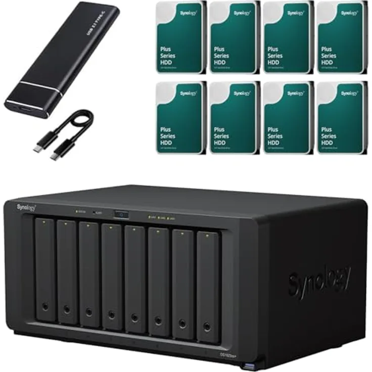 Synology NAS-Server-Paket DS1823xs+ mit 8 10GbE-Schächten, NVMe Ready, 8 GB RAM, 32 TB Speicher, 8x 4 TB Hochleistungs-NAS HDD, AMD Ryzen V1780B