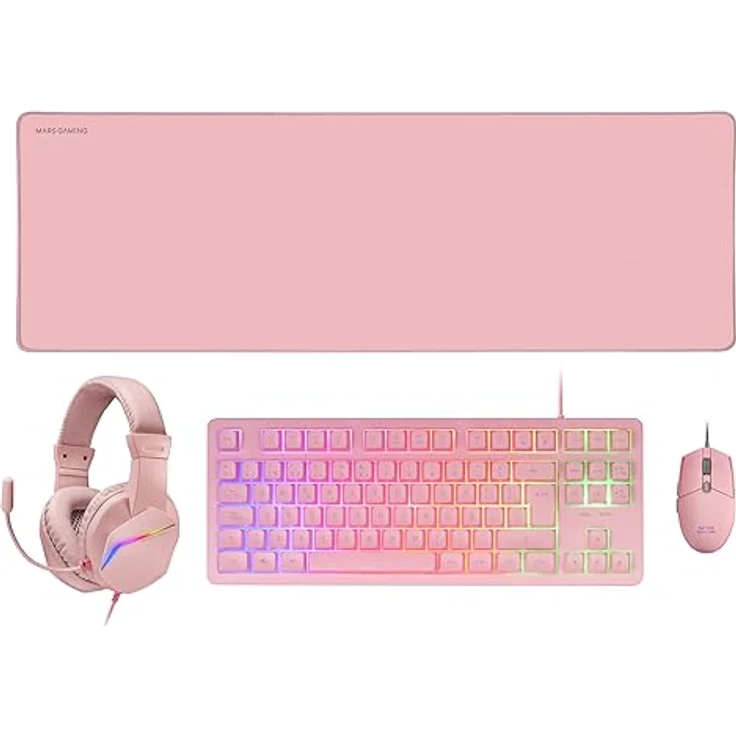 Mars Gaming MCP-RGB3, Pack Gaming Tastatur TKL RGB H-Mech + Gaming Maus RGB Flow 3200 DPI + Over-Ear RGB Headset + XXL Mauspad, Pink – Bild 1