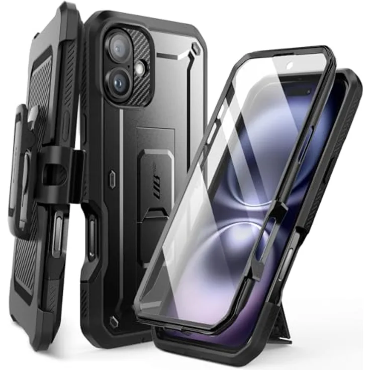 SUPCASE Unicorn Beetle Pro Outdoor Handyhülle für iPhone 16 Plus 6.7” 2024 (Schwarz) - 360 Grad Case Bumper mit Displayschutz, Ständer und Gürtelclip
