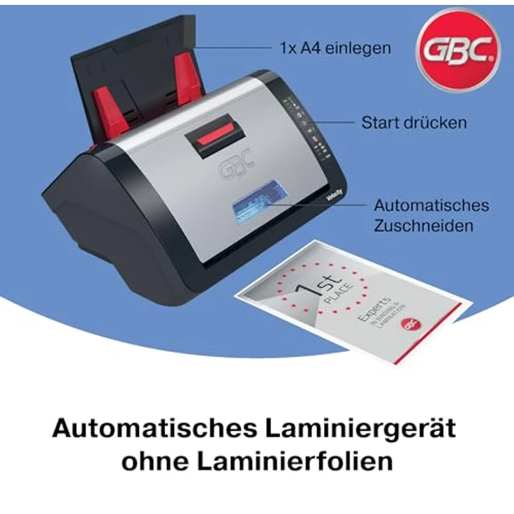 GBC Velocity Automatisches A4 Laminiergerät, Kompakte Büro-Laminiermaschine mit Auto-Ausrichtung, Schnelle Aufheizzeit, Schwarz/Rot, inkl. 80-Mic Starterrolle – Bild 3