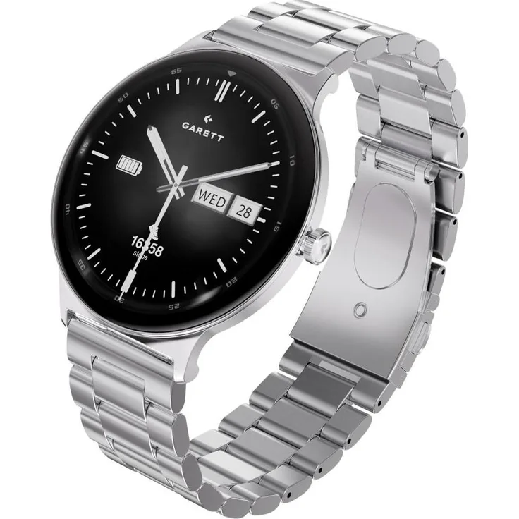 Garett Quantum Smartwatch, silberfarbenes Stahlgehäuse, GPS und Bluetooth-Konnektivität