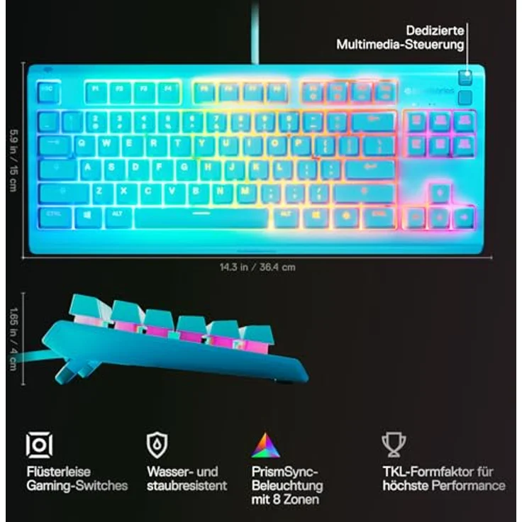 SteelSeries Apex 3 TKL, Kompakte Gaming-Tastatur mit flüsterleisen mechanischen Tasten, anpassbarer RGB-Beleuchtung und Multimedia-Steuerung – Bild 3