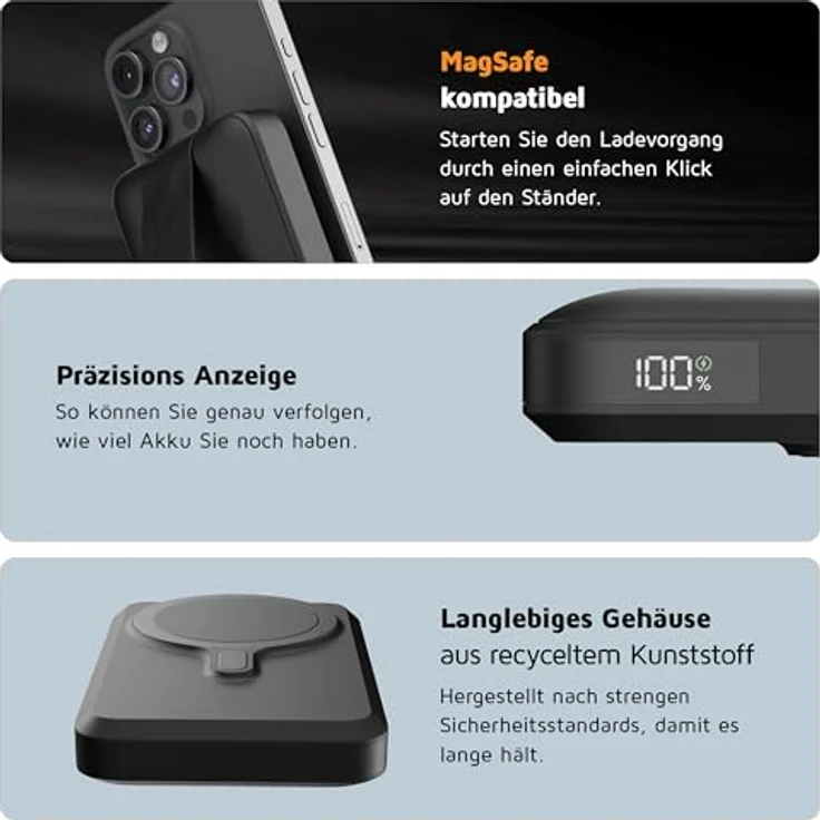 Xtorm Kabellose Powerbank 10000 mAh - Magnetische Powerbank mit USB-C 15W Schnellladefunktion, Kabellexterner oser Akku MagSafe kompatibel mit iPhone 15 Pro Max/Pro/15/14 Pro Max/13 Pro - Schwarz – Bild 4