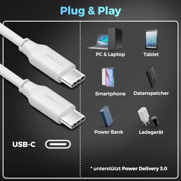 deleyCON 2m USB-C Kabel PD3.0 100W Schnellladekabel, weiß, kompatibel mit Smartphones, Tablets und Laptops – Bild 6